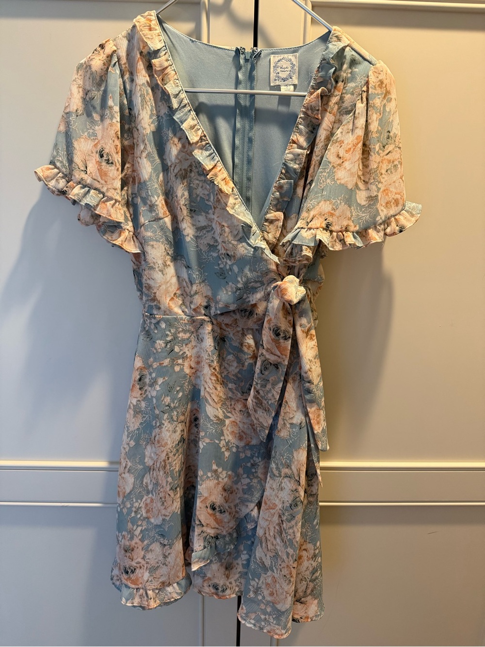 Altered state Blue Rain Floral Wrap Mini Dress in Sky Blue and Cream